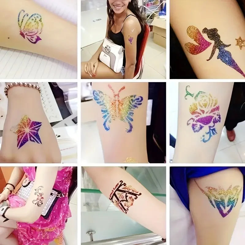 Glitter Temporary Tattoo Set 24 Colors with 2 Bottles of Glue,3 Sheets of Stencil Paper for Stage Performances,Christmas Parties