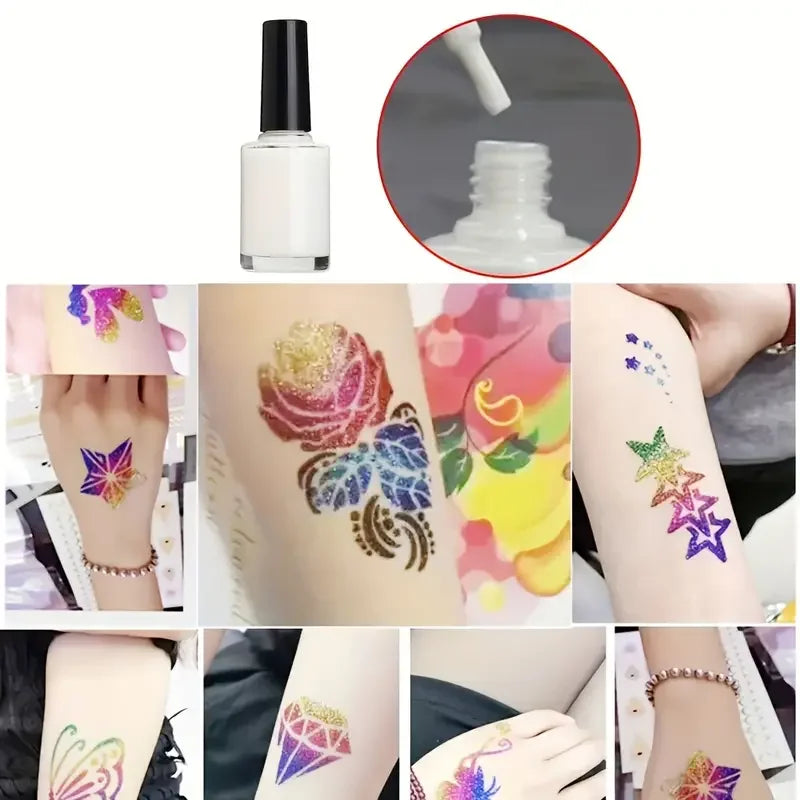 Glitter Temporary Tattoo Set 24 Colors with 2 Bottles of Glue,3 Sheets of Stencil Paper for Stage Performances,Christmas Parties