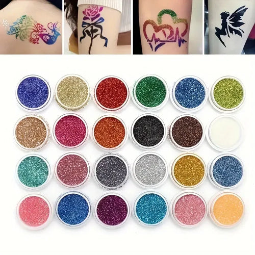 Glitter Temporary Tattoo Set 24 Colors with 2 Bottles of Glue,3 Sheets of Stencil Paper for Stage Performances,Christmas Parties